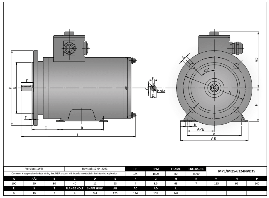 Washdown Motor 1/4HP, 1800RPM, 208-230/460V, Frame 63, TENV, Round Body, B5 Flange | MQS-6324NVB5 - Forces Inc