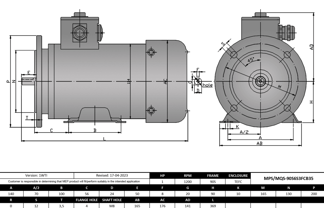 Washdown Motor 1HP, 1200RPM, 575V, Frame 90S, TEFC, Rigid Base, B5 Flange | MPS-90S6FC-S3-B35 - Forces Inc