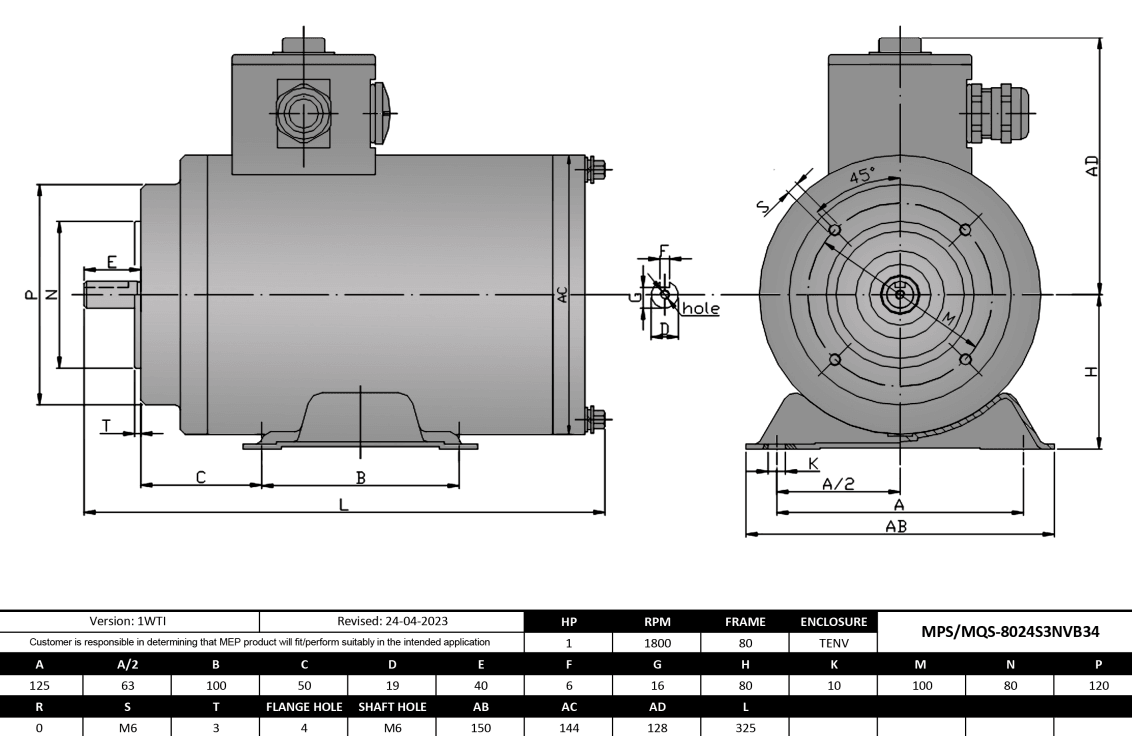 Washdown Motor 1HP, 1800RPM, 208-230/460V, Frame 80, TENV, Rigid Base, B14 Flange | MQS-8024S3NVB34 - Forces Inc