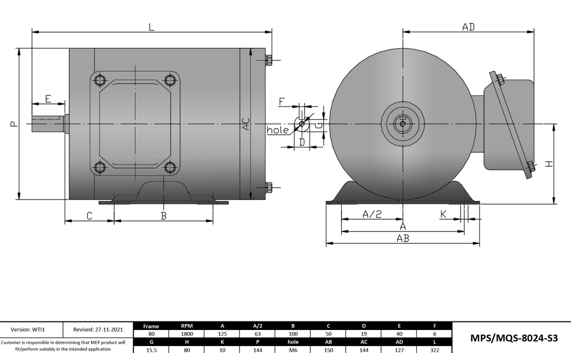 Washdown Motor 1HP, 1800RPM, 208-230/460V, Frame 80, TENV, Rigid Base | MQS-8024-S3 - Forces Inc