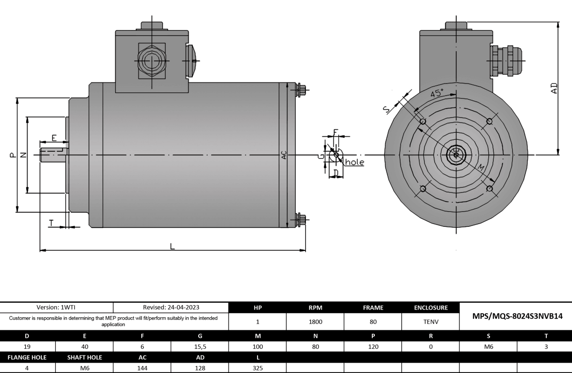 Washdown Motor 1HP, 1800RPM, 208-230/460V, Frame 80, TENV, Round Body, B14 Flange | MQS-8024S3NVB14 - Forces Inc