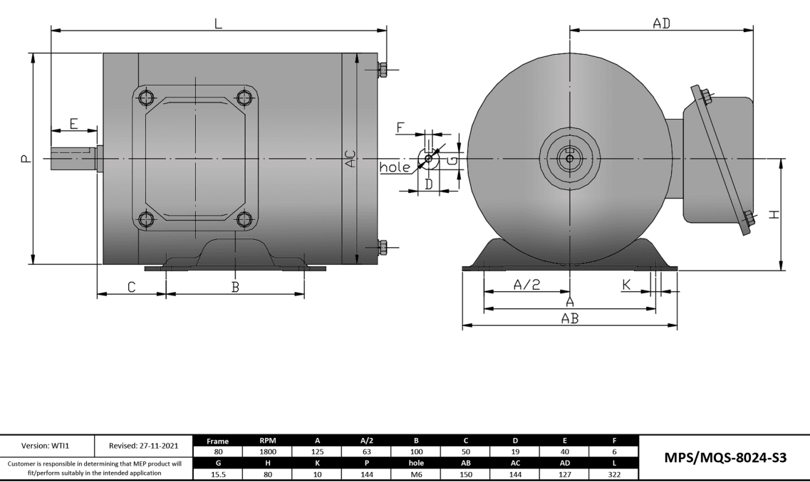 Washdown Motor 1HP, 1800RPM, 575V, Frame 80, TENV, Rigid Base | MPS-8024-S3 - Forces Inc