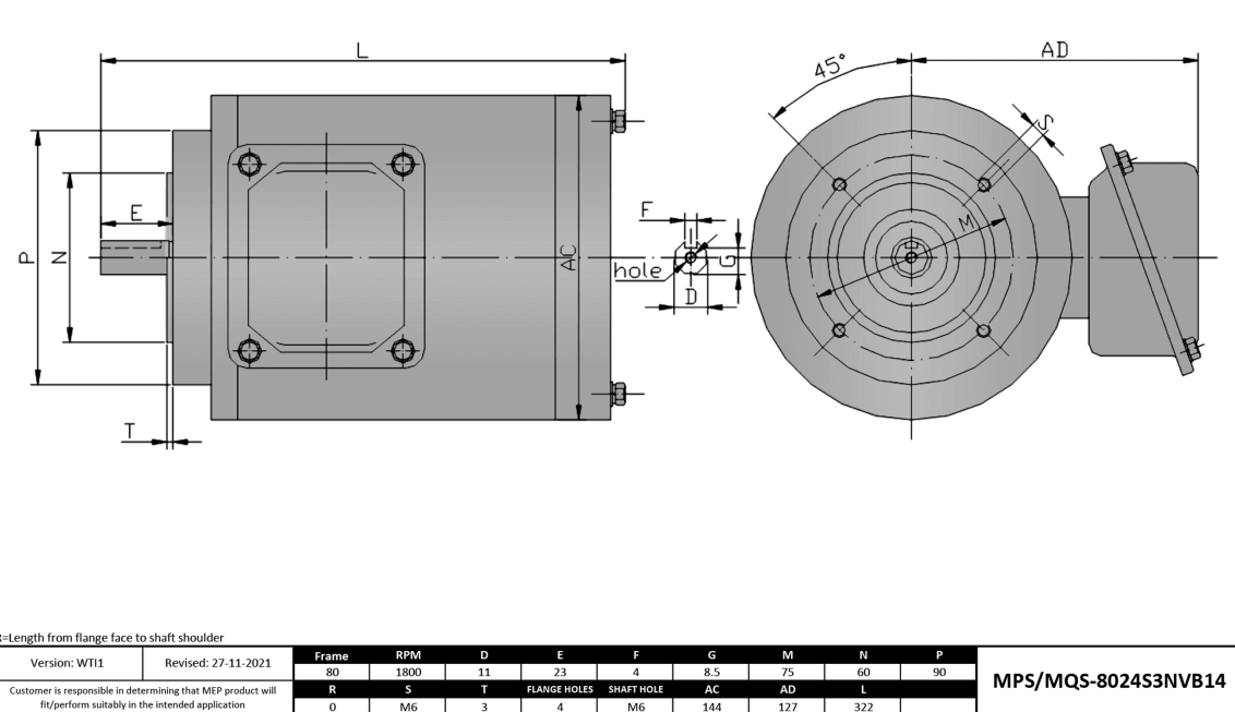 Washdown Motor 1HP, 1800RPM, 575V, Frame 80, TENV, Round Body, B14 Flange | MPS-8024S3NVB14 - Forces Inc