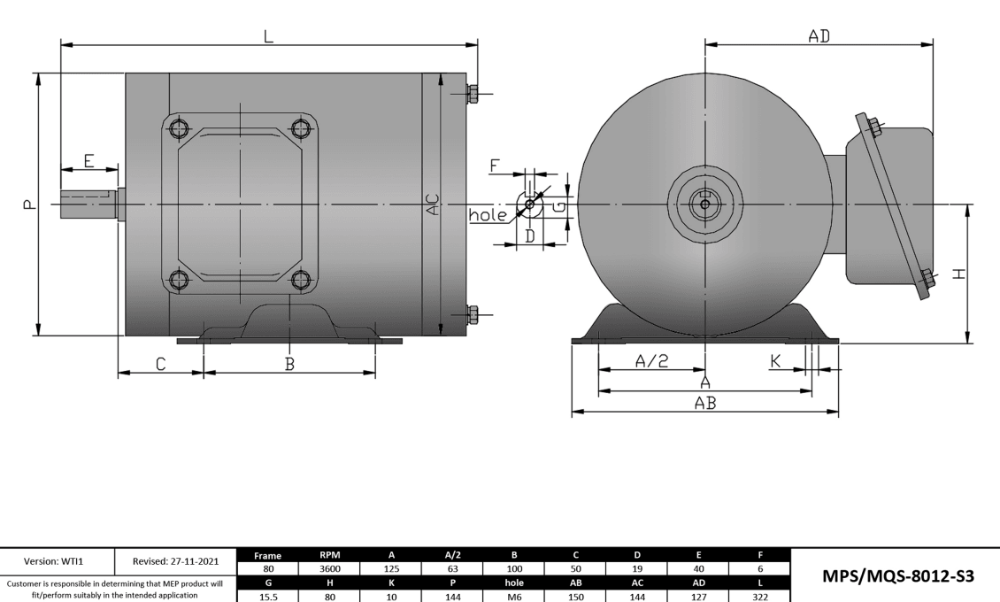 Washdown Motor 1HP, 3600RPM, 208-230/460V, Frame 80, TENV, Rigid Base | MQS-8012-S3 - Forces Inc