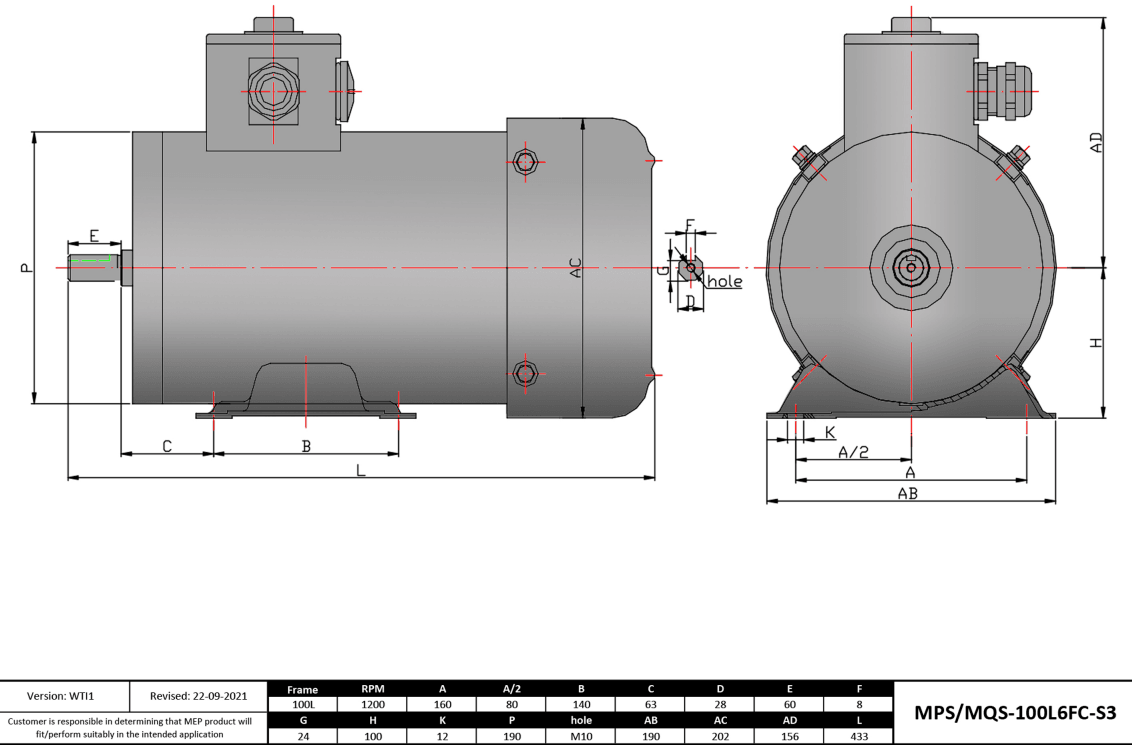 Washdown Motor 2HP, 1200RPM, 208-230/460V, Frame 100L, TEFC, Rigid Base | MQS-100L6FC-S3 - Forces Inc