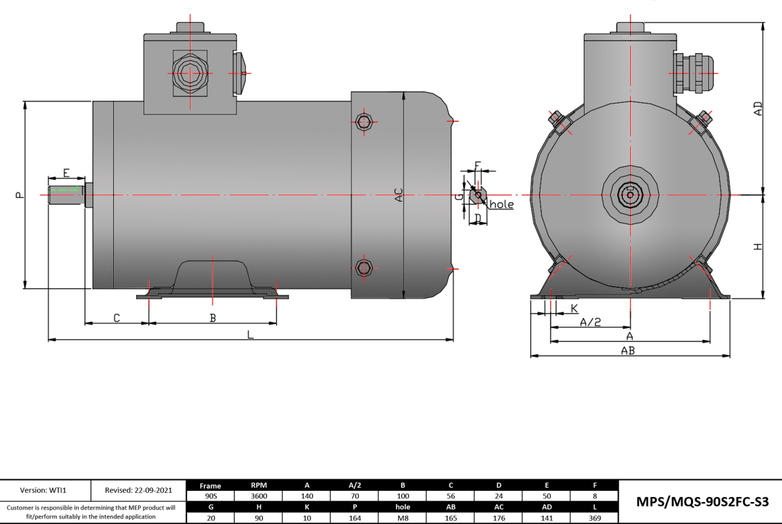 Washdown Motor 2HP, 3600RPM, 208-230/460V, Frame 90S, TEFC, Rigid Base | MQS-90S2FC-S3 - Forces Inc