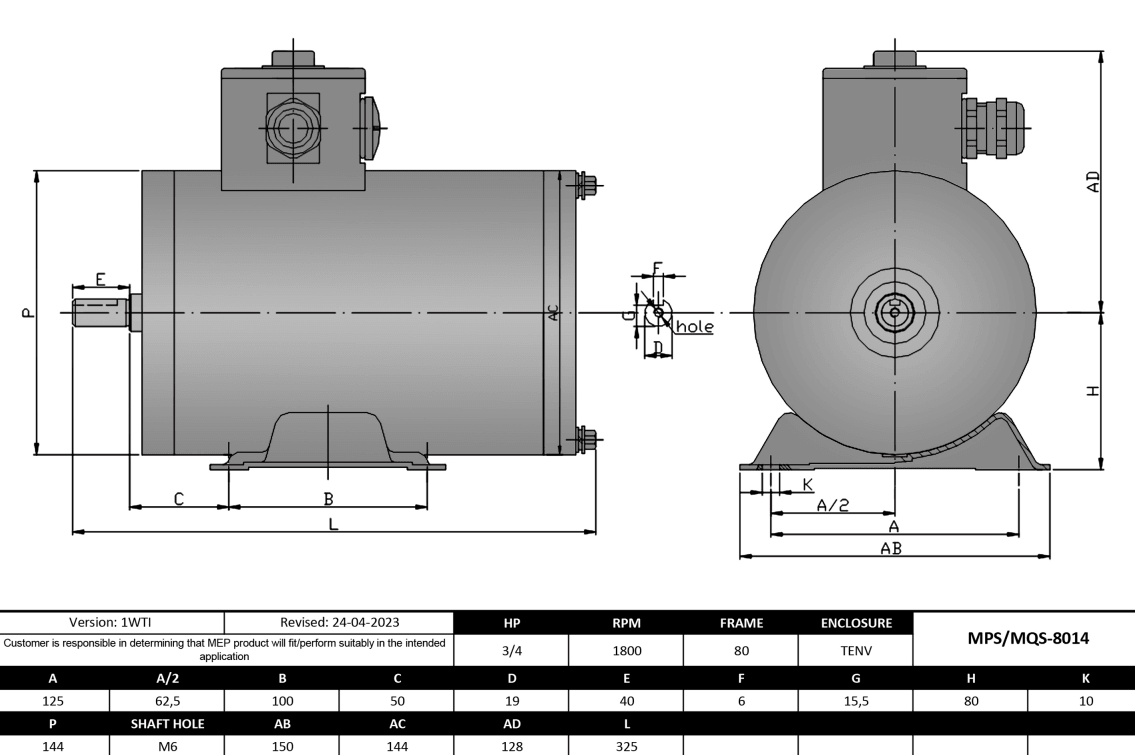Washdown Motor 3/4HP, 1800RPM, 208-230/460V, Frame 80, TENV, Rigid Base | MQS-8014 - Forces Inc
