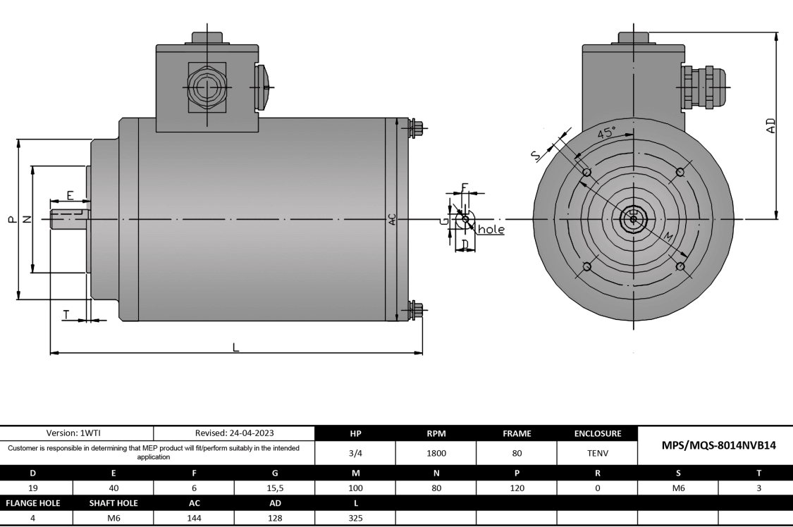 Washdown Motor 3/4HP, 1800RPM, 208-230/460V, Frame 80, TENV, Round Body, B14 Flange | MQS-8014NVB14 - Forces Inc