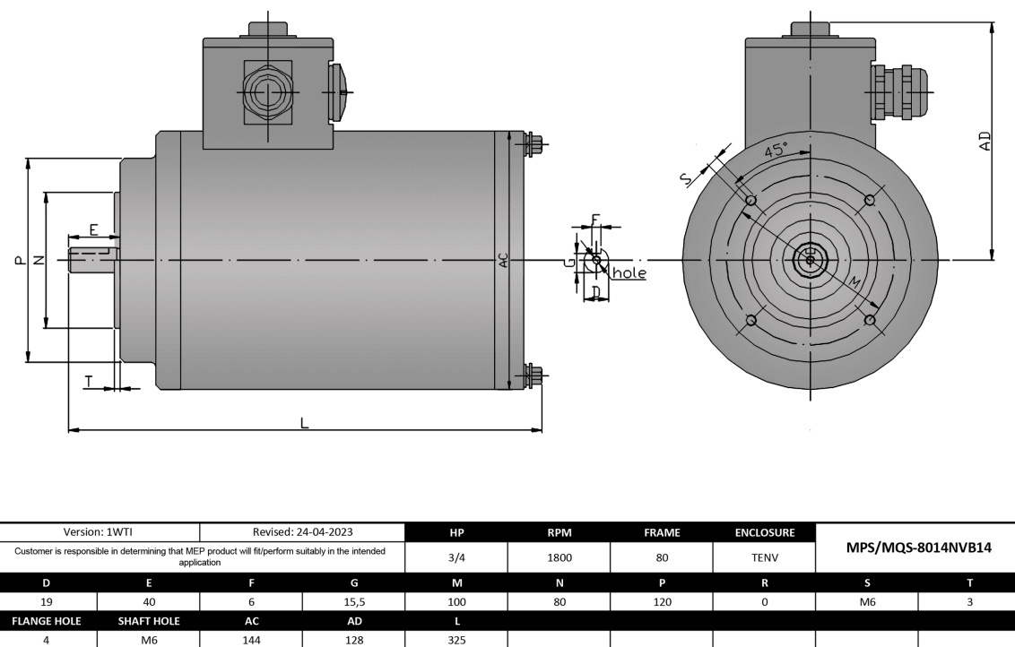Washdown Motor 3/4HP, 1800RPM, 575V, Frame 80, TENV, Round Body, B14 Flange | MPS-8014NVB14 - Forces Inc