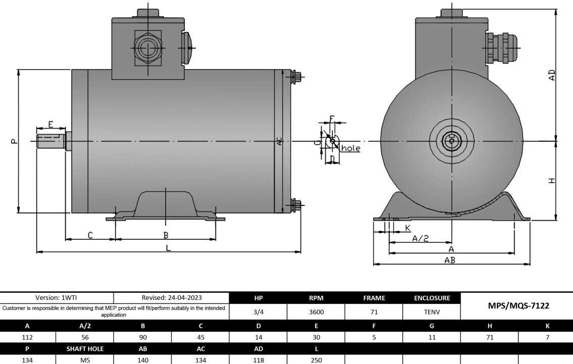Washdown Motor 3/4HP, 3600RPM, 208-230/460V, Frame 71, TENV, Rigid Base | MQS-7122 - Forces Inc