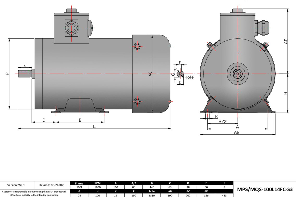 Washdown Motor 3HP, 1800RPM, 208-230/460V, Frame 100L, TEFC, Rigid Base | MQS-100L14FC-S3 - Forces Inc