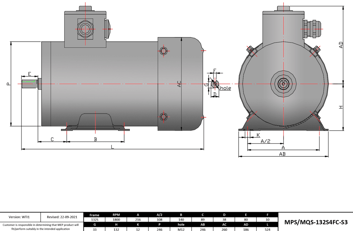 Washdown Motor 7.5HP, 1800RPM, 208-230/460V, Frame 132S, TEFC, Rigid Base | MQS-132S4FC-S3 - Forces Inc