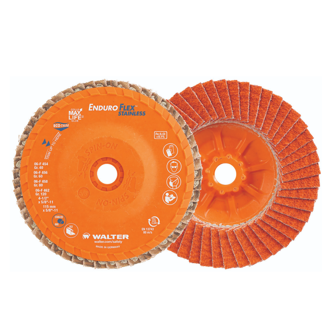 06F508 | ENDURO-FLEX™ STAINLESS Flap Disc 5", 5/8"-11 Arbor, 80 Grit, Type 27S