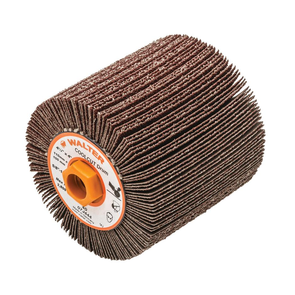 07J444 | COOLCUT™ Flap Drum 4-1/4" x 4", 5/8"-11 Arbor, 40 Grit, Cloth