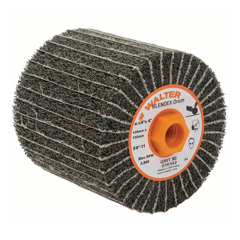 07K342 | TWO-IN-ONE™ ALLSTEEL Finishing Drum 4-1/4" x 4", 5/8"-11Arbor, 80 Grit, Non-Woven and Cloth