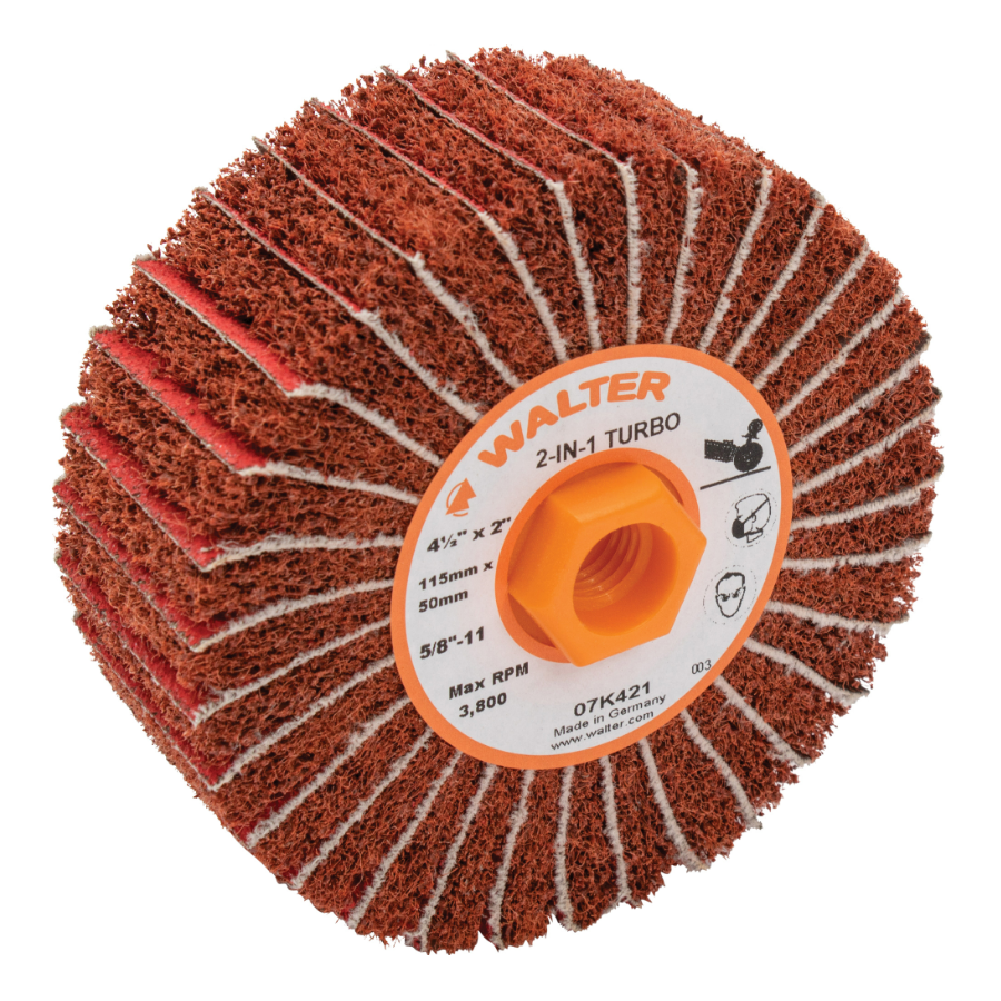 07K421 | TWO-IN-ONE™ TURBO Drum 4-1/2" x 2", 5/8"-11Arbor, 60 Grit, Non-Woven and Cloth