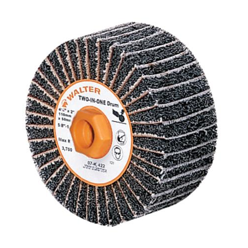 07K422 | TWO-IN-ONE™ Finishing Drum 4-1/2" x 2", 5/8"-11Arbor, 80 Grit, Non-Woven and Cloth