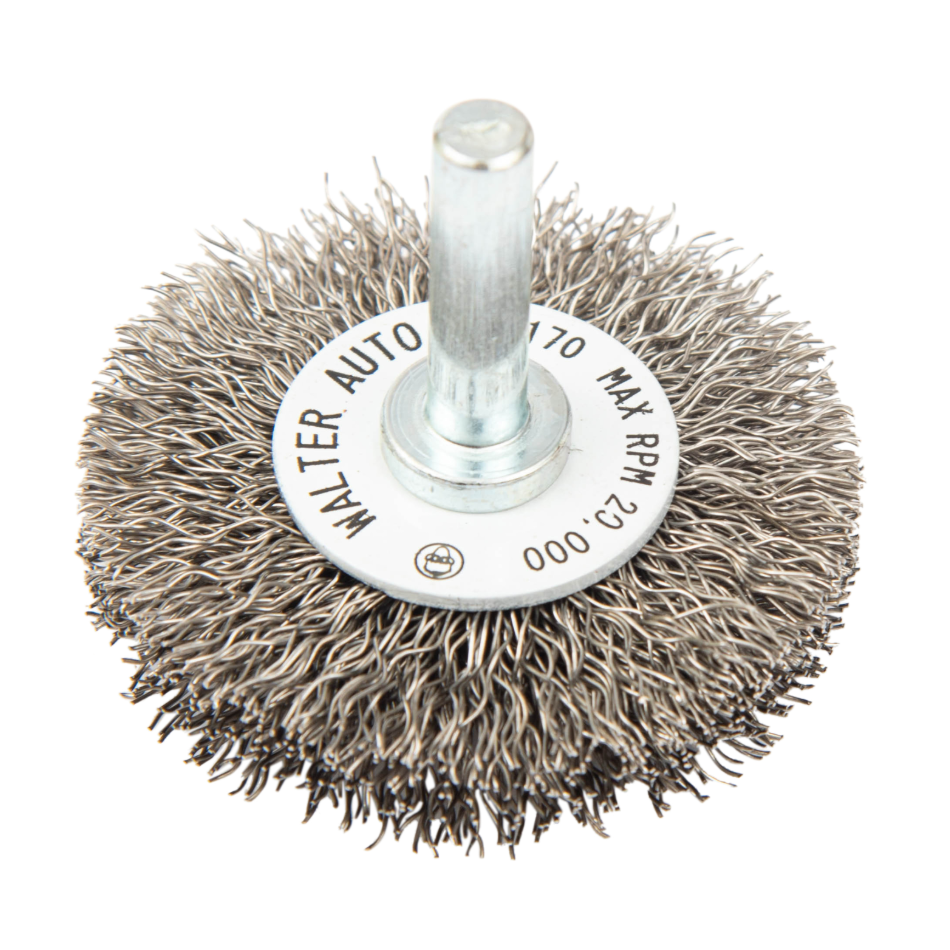 09C170 | All Metal™ Mounted Wire Brush 2", 1/4" Arbor, Crimped Wires Stainless Steel Wires