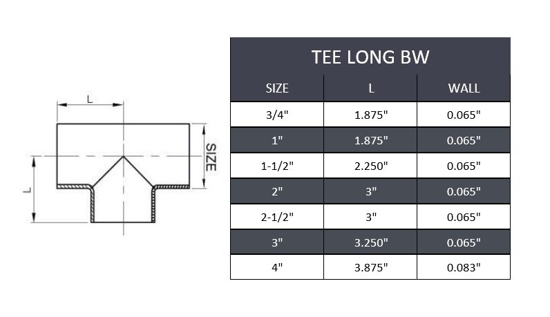 1-1/2" Butt Weld Long Tee - Stainless Steel 304 - Forces Inc