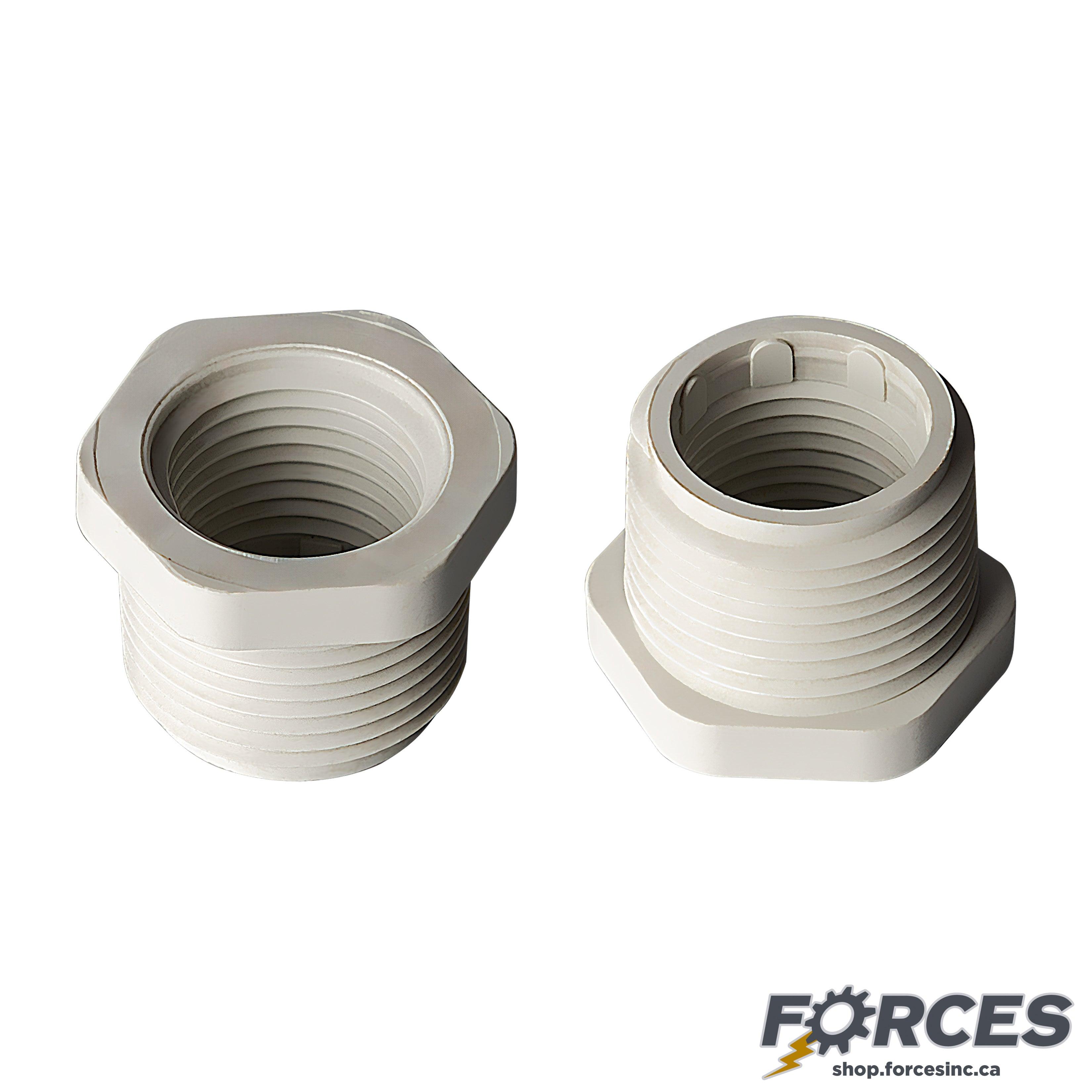 1-1/2" x 1/2" Reducer Bushing (MPT x FPT) Sch 40 - PVC white | 439209W - Forces Inc
