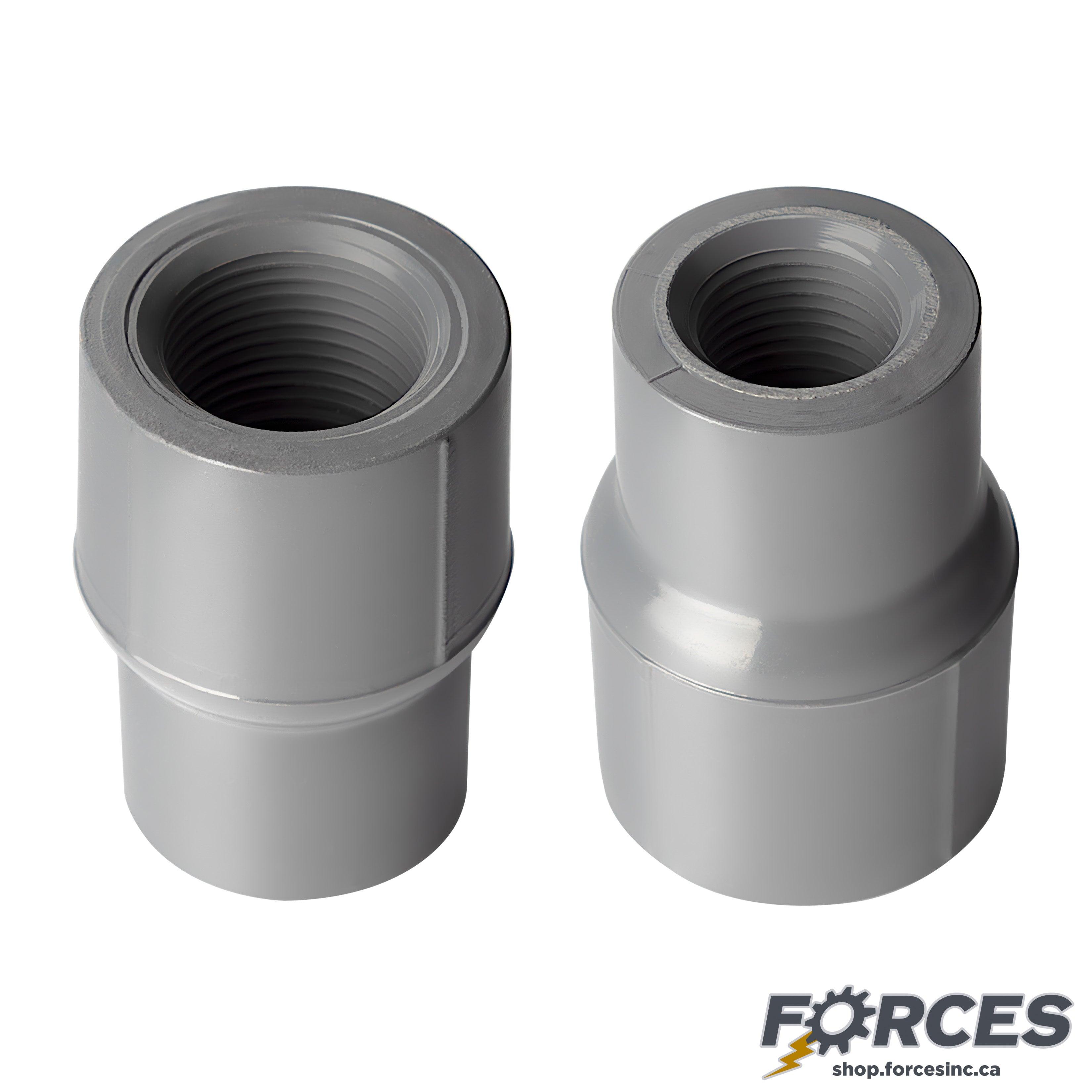 1-1/2" x 1/2" Reducing Coupling (Threaded) Sch 80 - PVC Grey | 830209 - Forces Inc