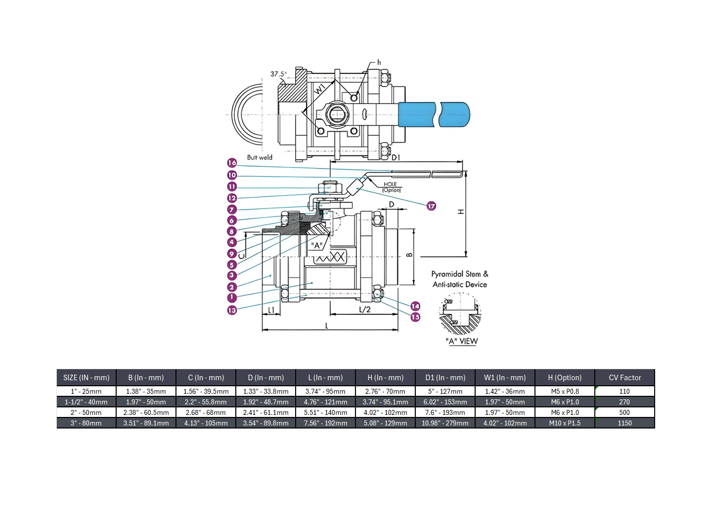 Butt Weld 3 PC Ball Valve 1000 WOG Stainless Steel 316