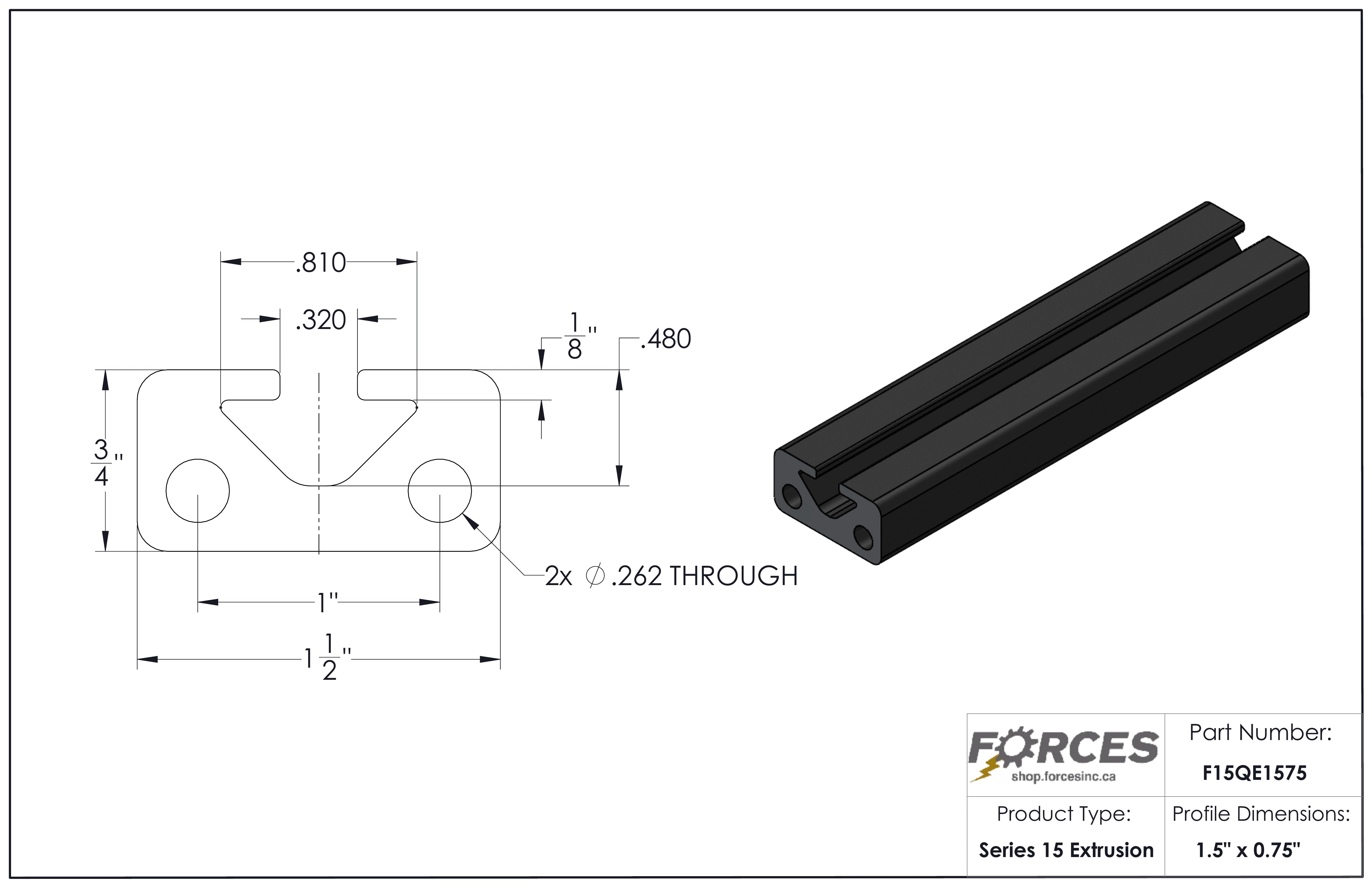 1.5" x 0.75" Black T-Slotted Aluminum Extrusion Smooth