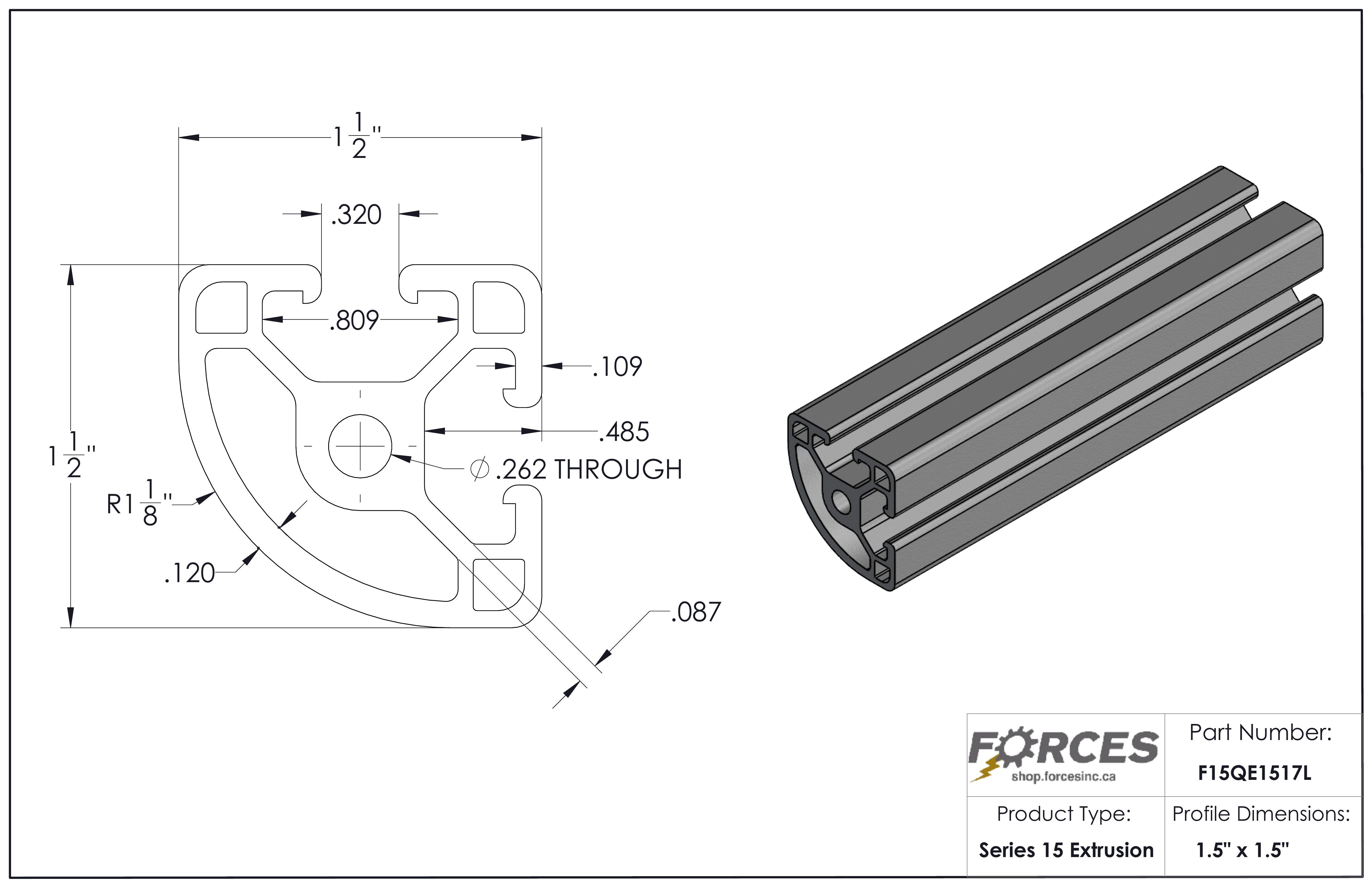 1.5" x 1.5" Quarter-Round T-Slot Aluminum Extrusion Smooth Lite