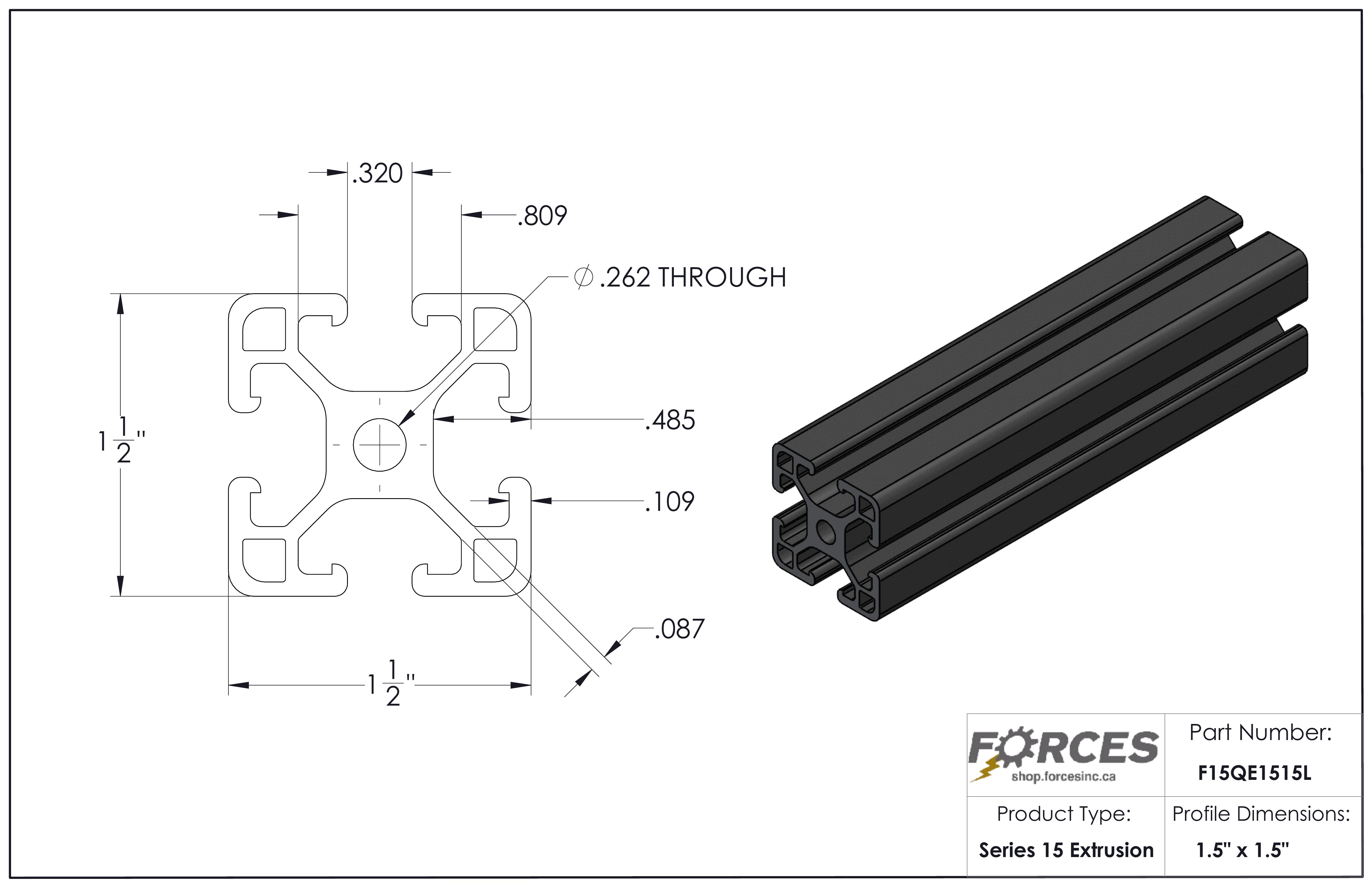 1.5" x 1.5" T-Slotted Aluminum Extrusion Black Smooth Lite