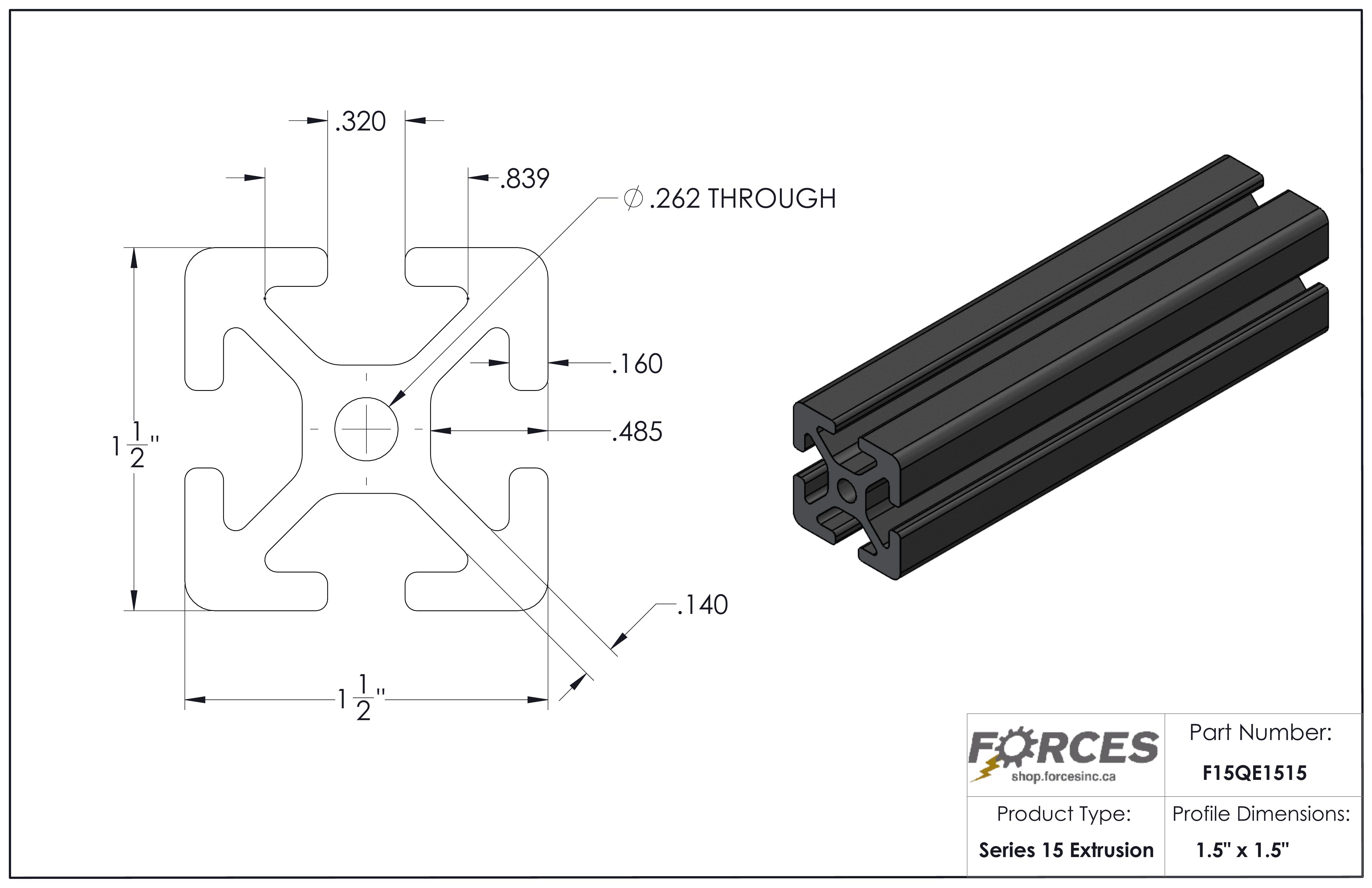 1.5" x 1.5" T-Slotted Aluminum Extrusion Black Smooth