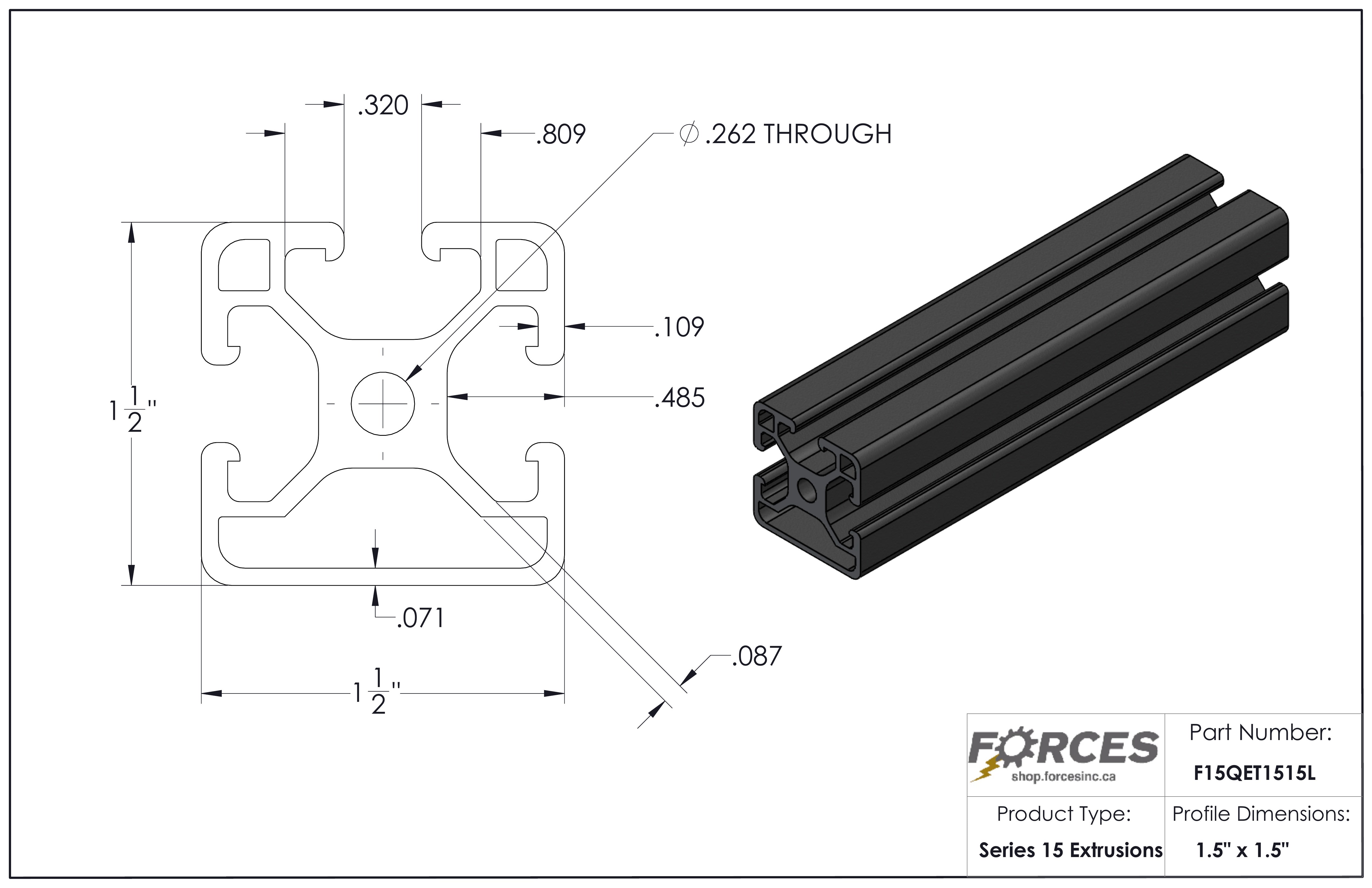 1.5" x 1.5" Black Tri Slot Aluminum Extrusion Smooth Lite
