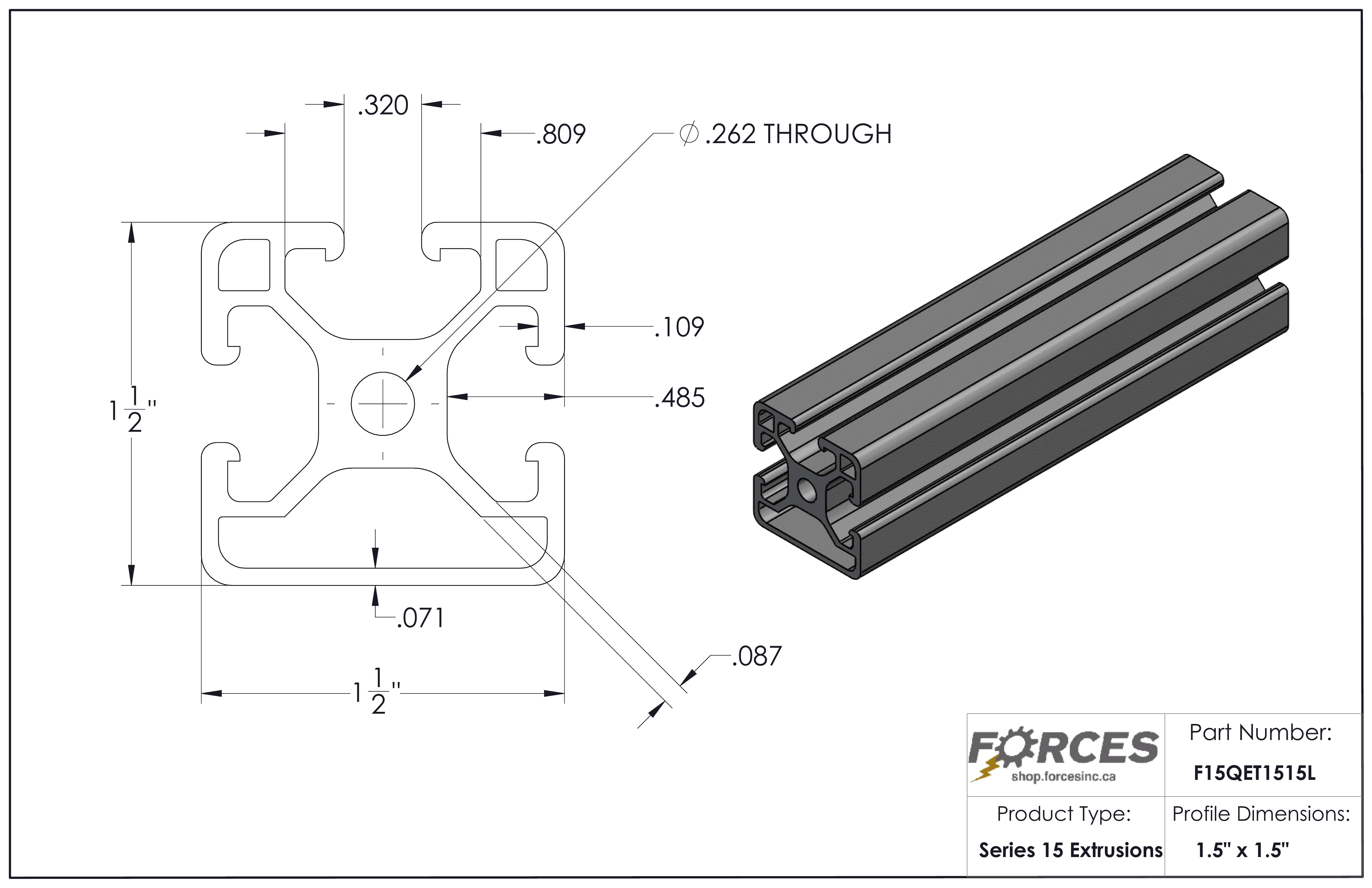 1.5" x 1.5" Tri Slot Aluminum Extrusion Smooth Lite