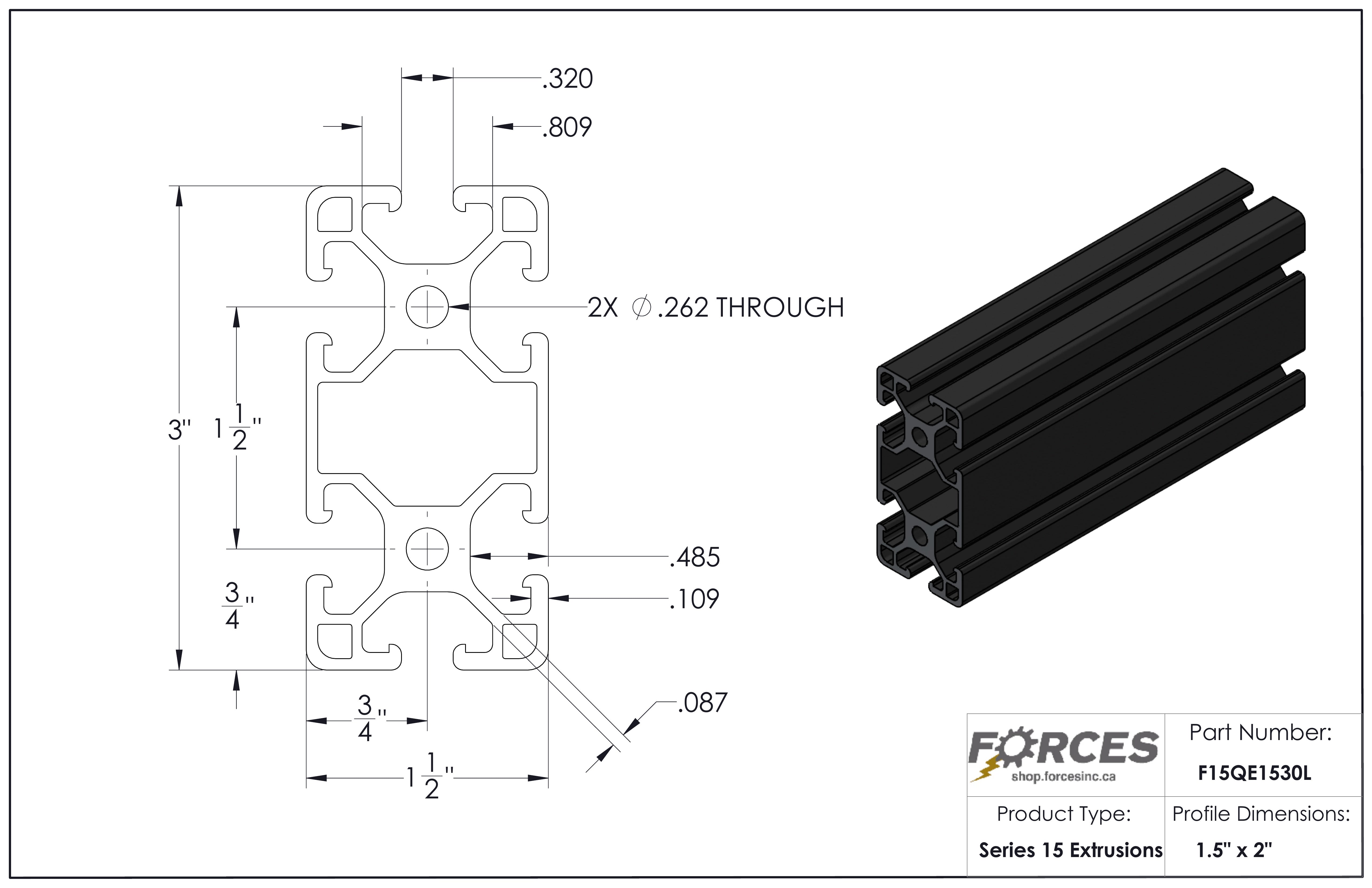 1.5" x 3" T-Slotted Aluminum Extrusion Black Smooth Lite