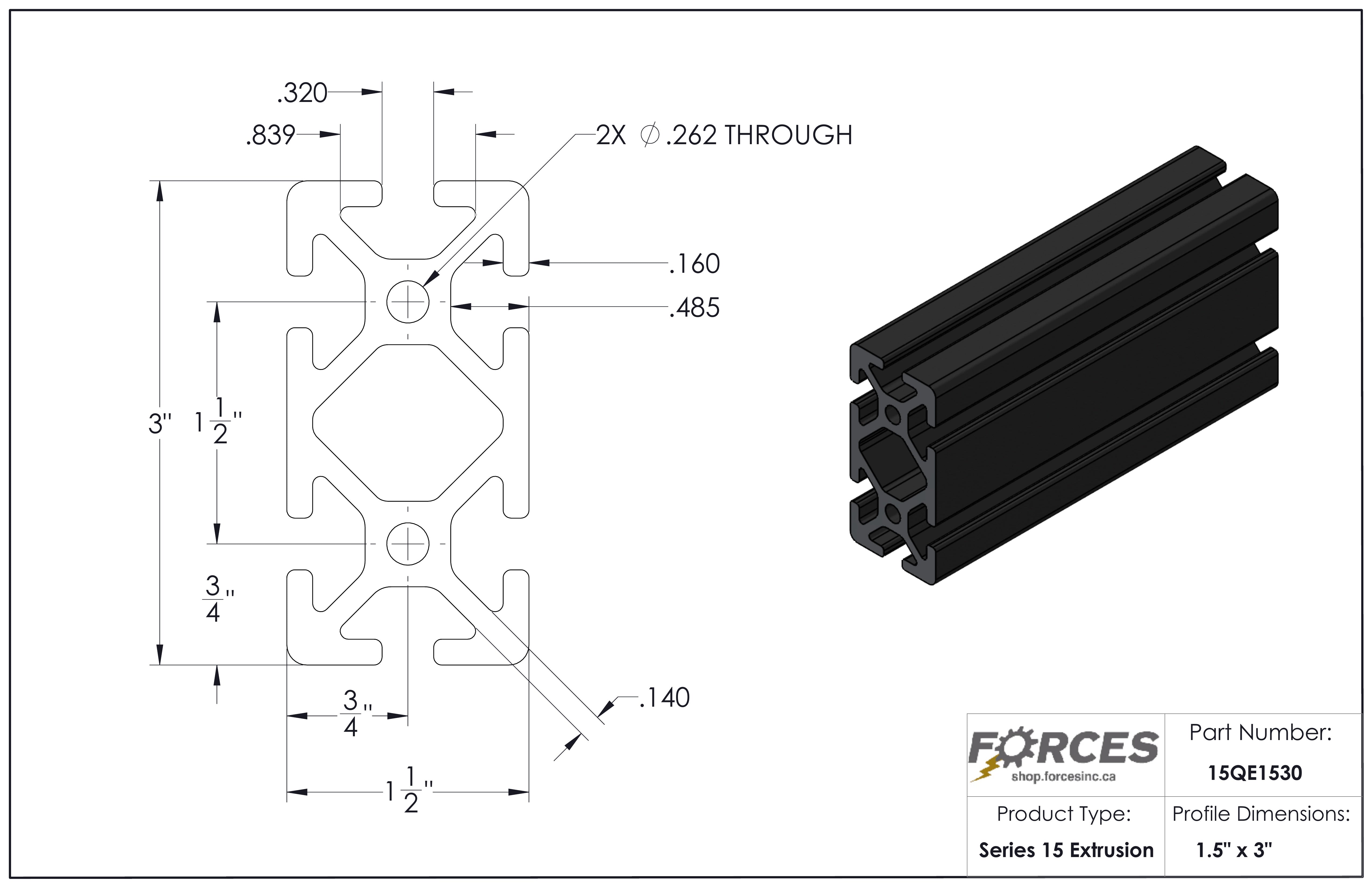 1.5" x 3" T-Slotted Aluminum Extrusion Black Smooth