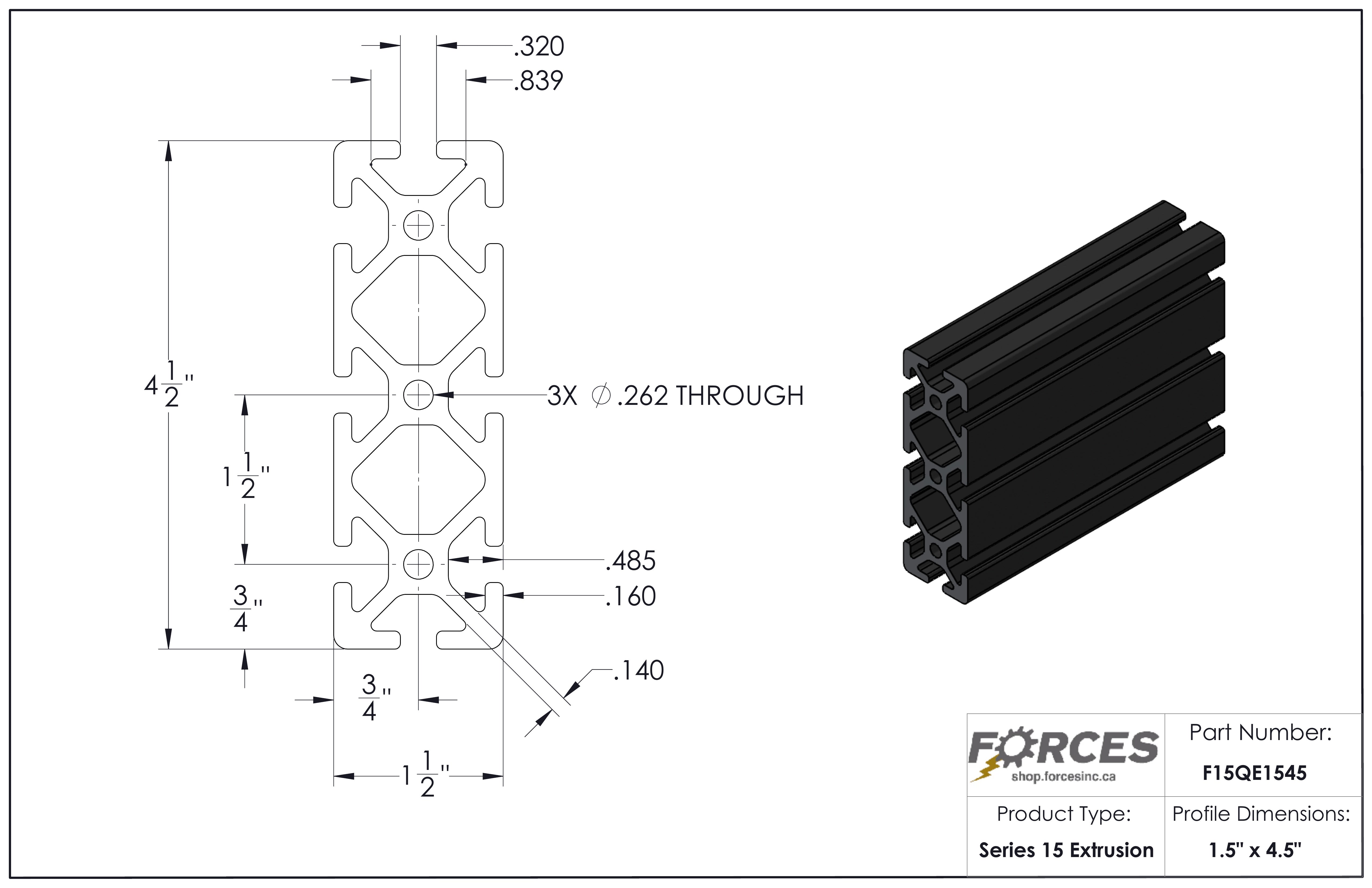 1.5" x 4.5" T-Slotted Aluminum Extrusion Black Smooth
