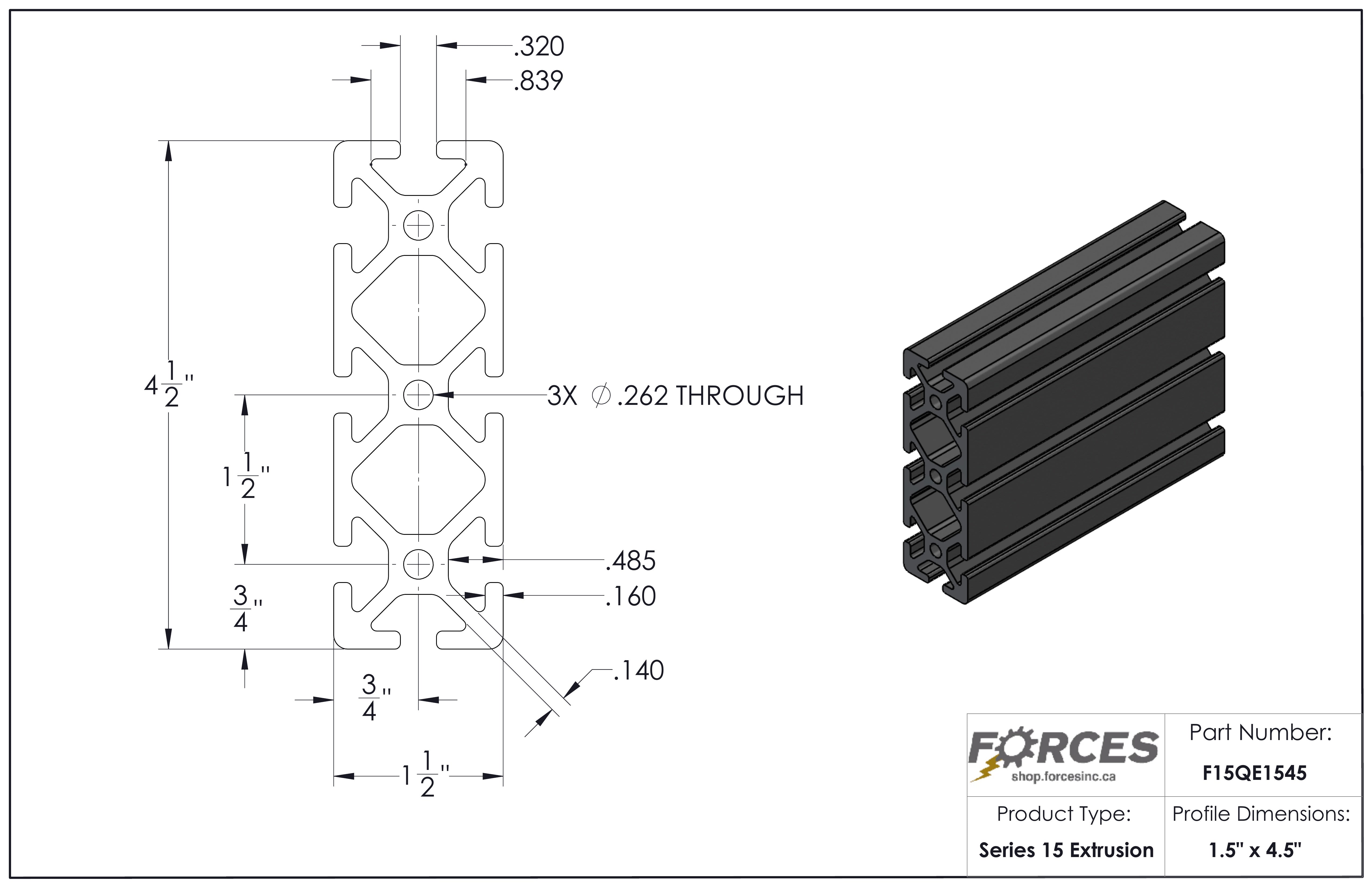 1.5" x 4.5" T-Slotted Aluminum Extrusion Smooth