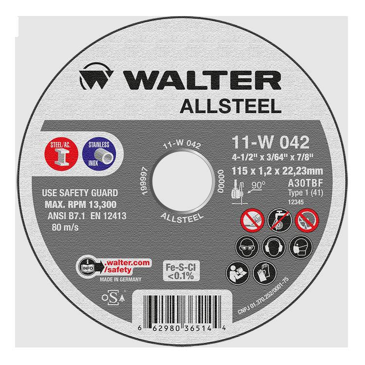 11W042 | ALLSTEEL™ Cut-Off Wheel 4-1/2" x 3/64", 7/8" Arbor, Type 1