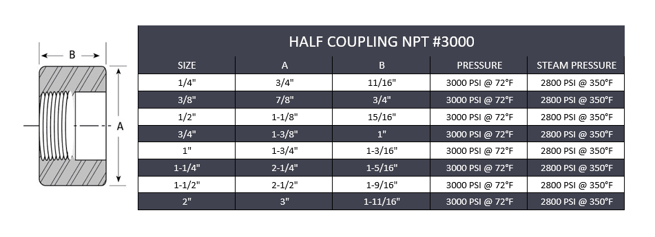 1/2" Half-Coupling NPT #3000 - Stainless Steel 316 - Forces Inc