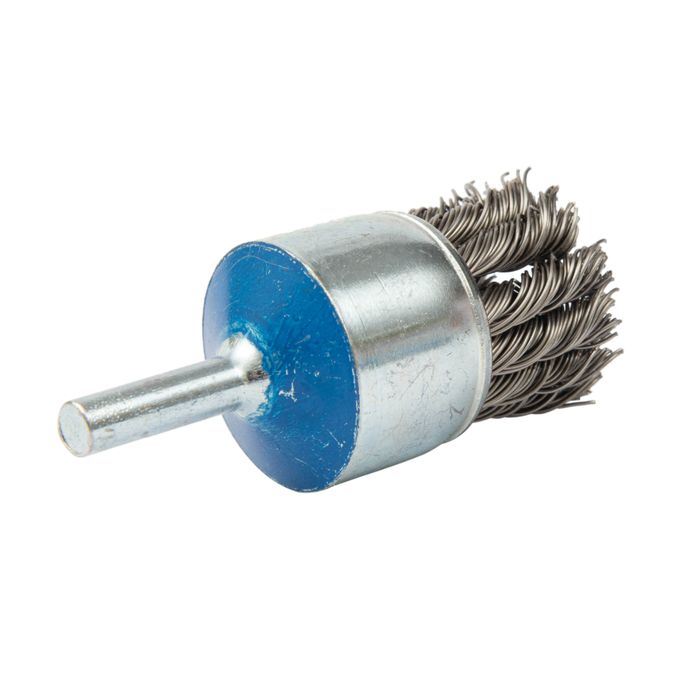 13C070 | Mounted Wire Brush 1-1/8", 1/4" Arbor, Knot-Twisted Stainless Steel Wires