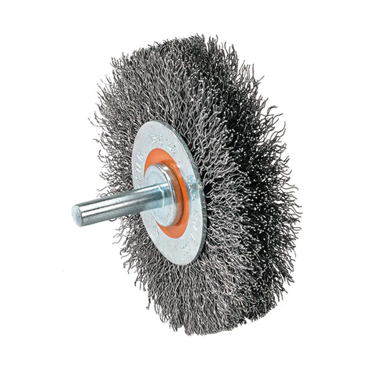 13C128 | Mounted Wire Brush 4", 1/4" Arbor, Crimped Wires Steel Wires
