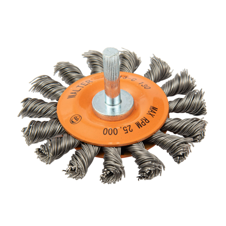 13C130 | Mounted Wire Brush 2-3/4", 1/4" Arbor, Knot-Twisted Steel Wires