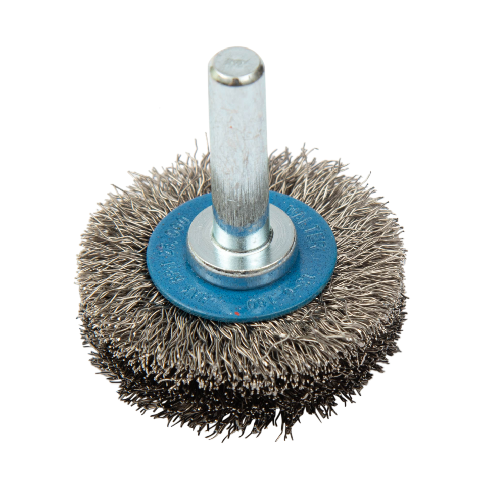13C160 | Mounted Wire Brush 1-3/8", 1/4" Arbor, Crimped Wires Stainless Steel Wires