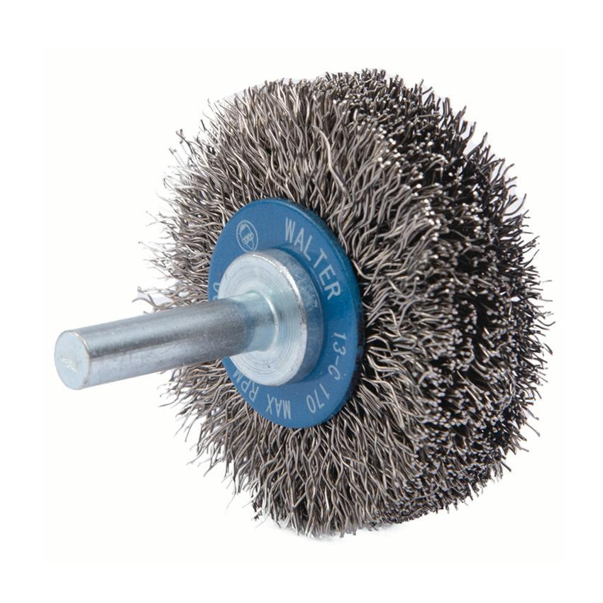 13C170 | Mounted Wire Brush 2", 1/4" Arbor, Crimped Wires Stainless Steel Wires