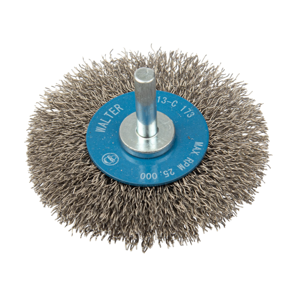 13C173 | Mounted Wire Brush 3", 1/4" Arbor, Crimped Wires Stainless Steel Wires