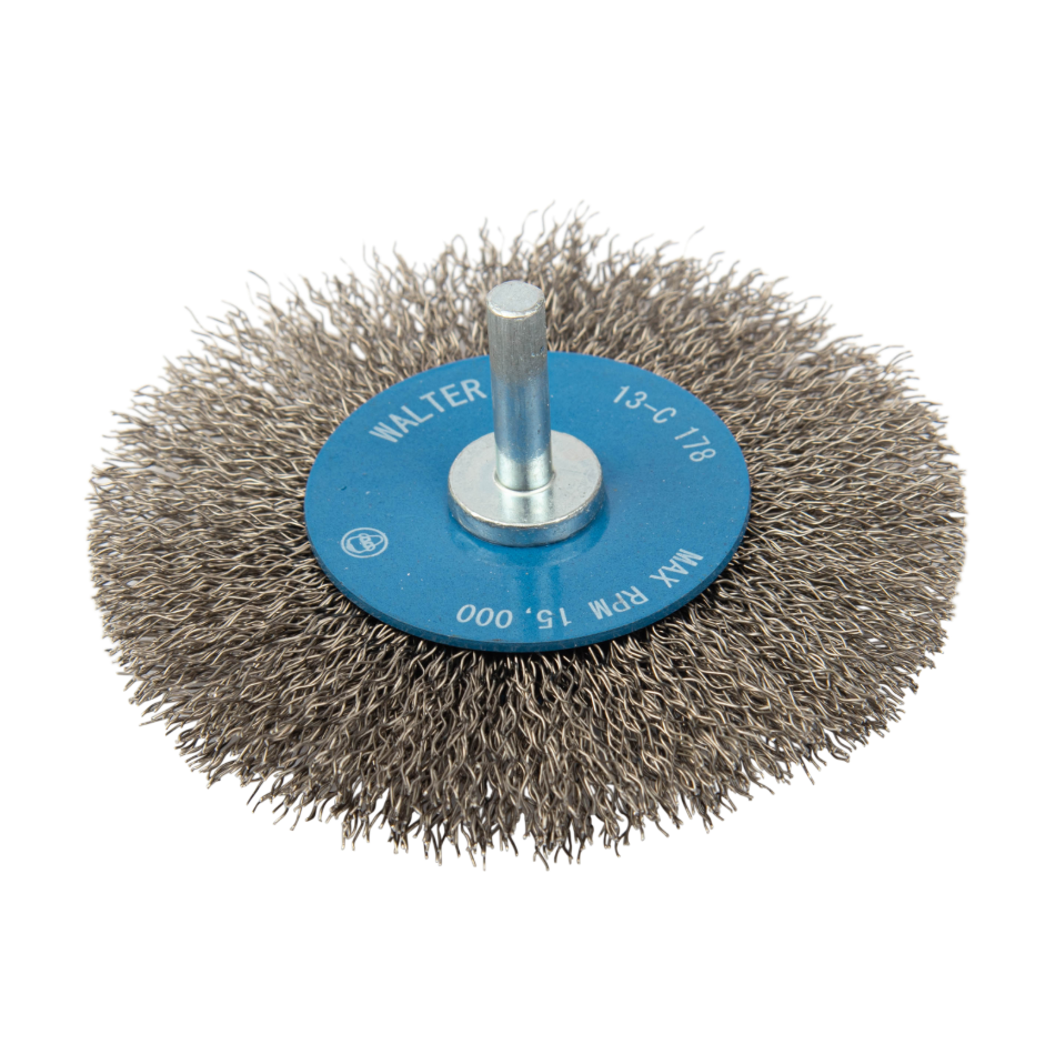13C178 | Mounted Wire Brush 4", 1/4" Arbor, Crimped Wires Stainless Steel Wires