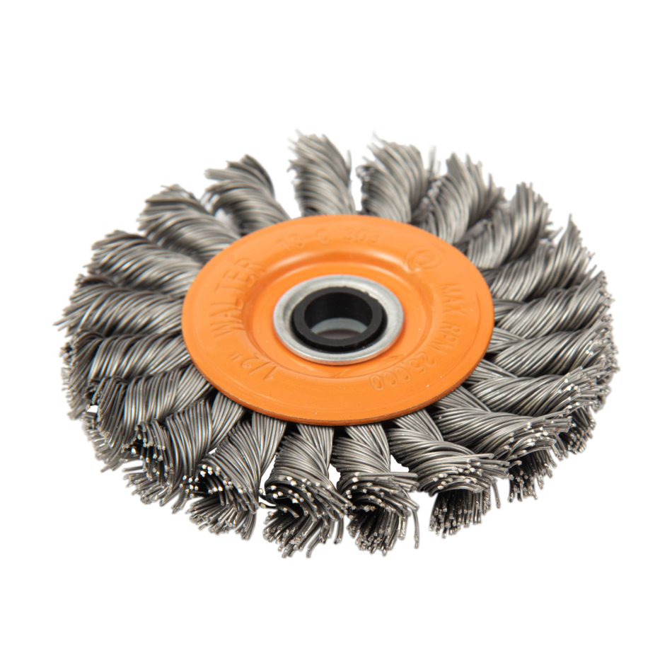 13C303 | Mounted Wire Brush 3", 1/4" Arbor, Double Sided Knot-Twisted Steel Wires