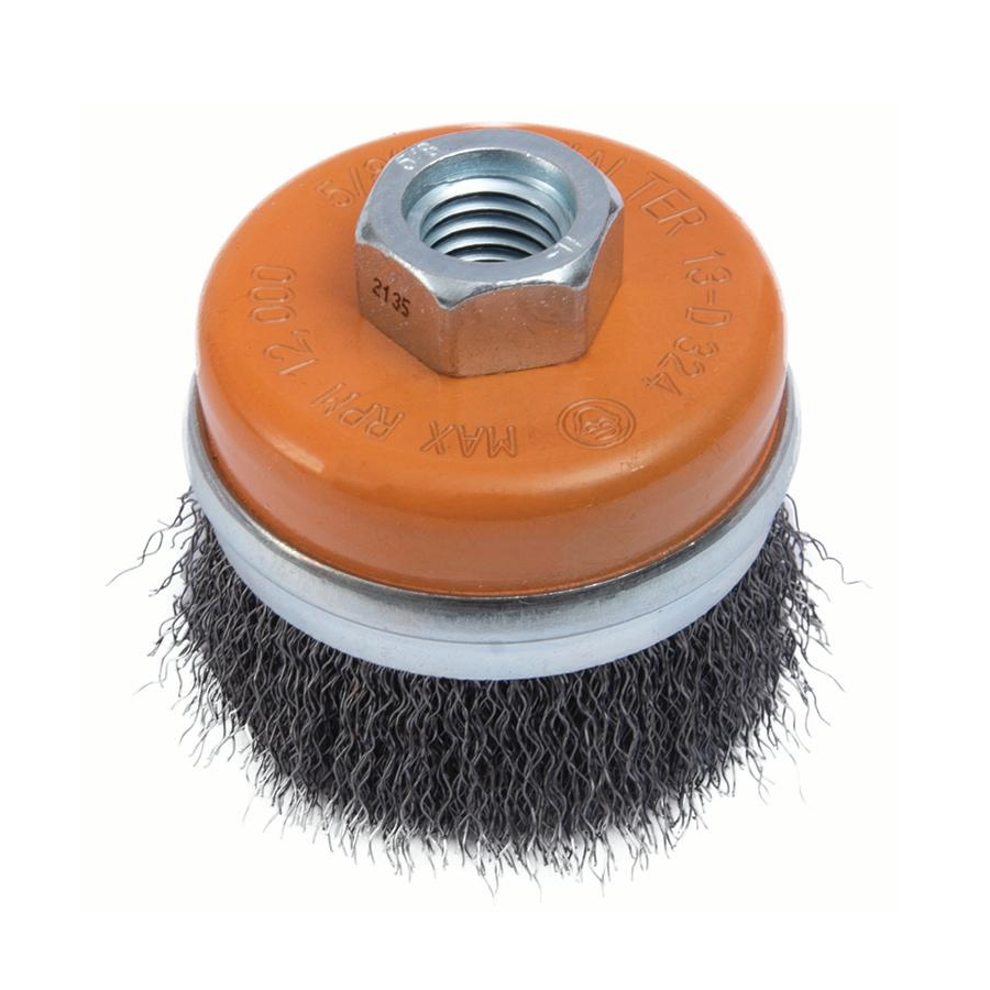 13D524 | Wire Cup Brush 5", 5/8"-11 Arbor, Crimped Steel Wires W/ Ring