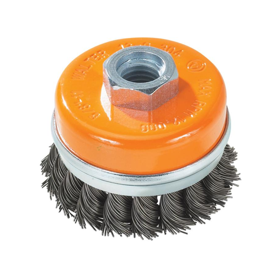 13G304 | Wire Cup Brush 3", 5/8"-11 Arbor, Knot-Twisted Steel Wires W/ Ring