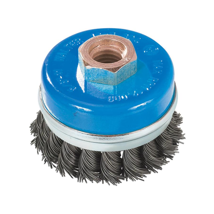 13G514 | Wire Cup Brush 5", 5/8"-11 Arbor, Knot-Twisted Stainless Steel Wires W/ Ring