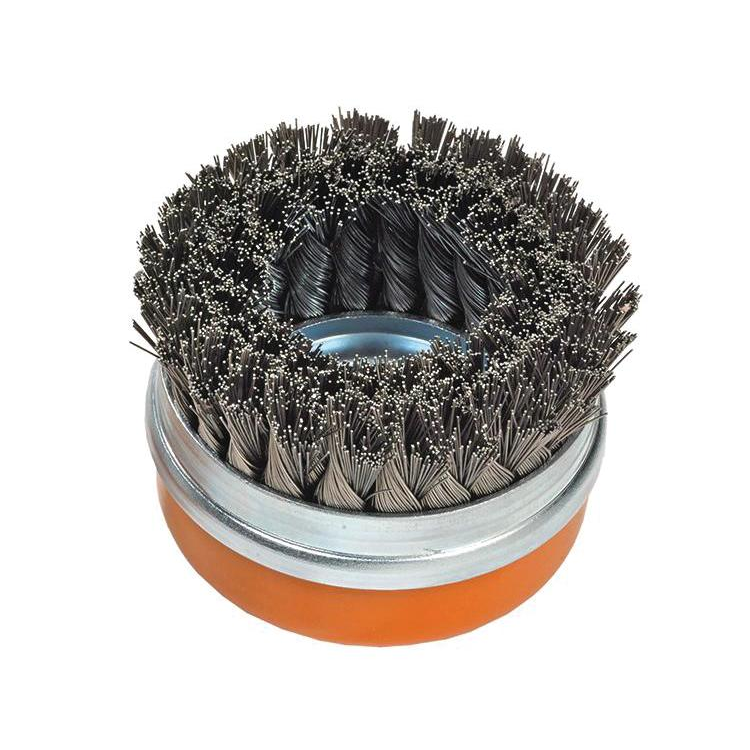 13G574 | Wire Cup Brush 5", 5/8"-11 Arbor, Knot-Twisted Double Row Steel Wires W/ Ring